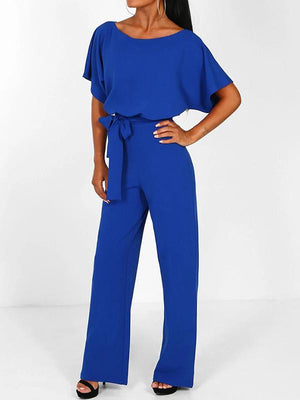 Women's Long Jumpsuit Short Sleeve Ruffled Belt