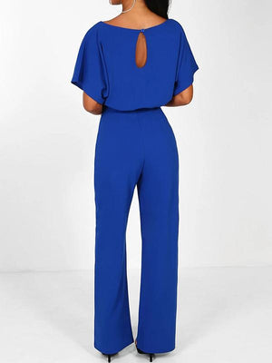 Women's Long Jumpsuit Short Sleeve Ruffled Belt