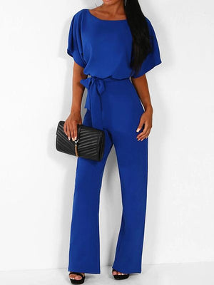 Women's Long Jumpsuit Short Sleeve Ruffled Belt