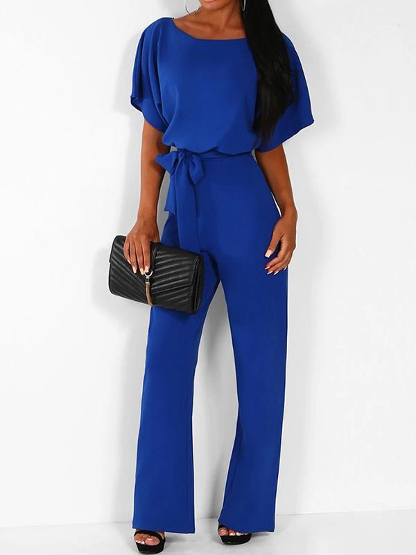 Women's Long Jumpsuit Short Sleeve Ruffled Belt