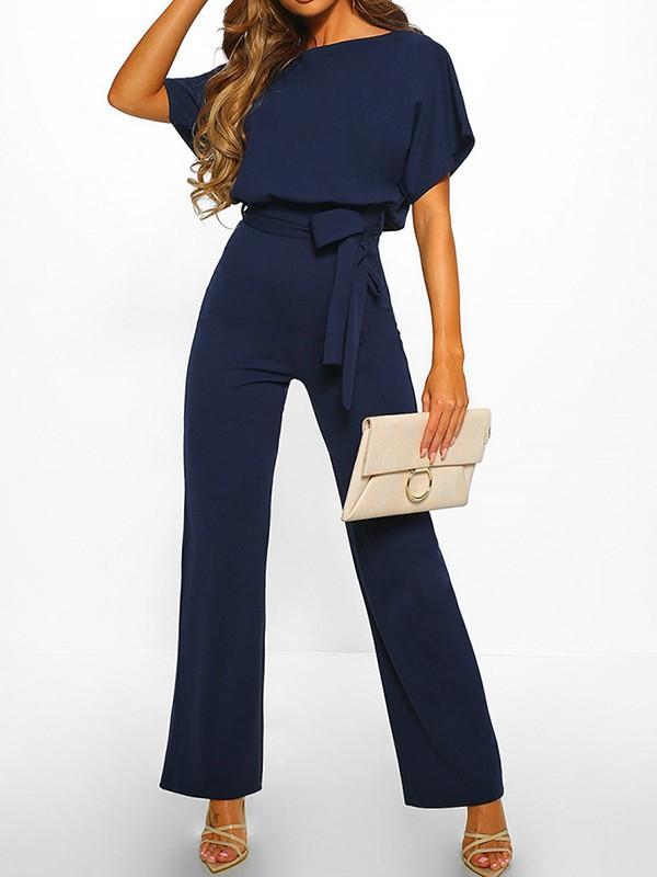 Women's Long Jumpsuit Short Sleeve Ruffled Belt