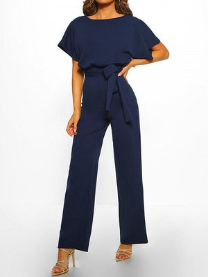 Women's Long Jumpsuit Short Sleeve Ruffled Belt