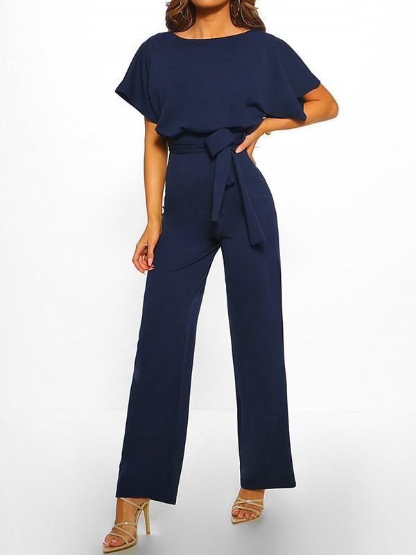Women's Long Jumpsuit Short Sleeve Ruffled Belt