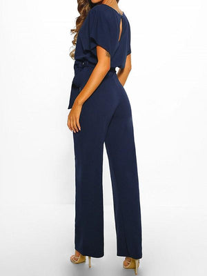 Women's Long Jumpsuit Short Sleeve Ruffled Belt