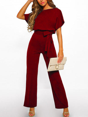 Women's Long Jumpsuit Short Sleeve Ruffled Belt
