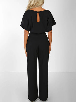 Women's Long Jumpsuit Short Sleeve Ruffled Belt