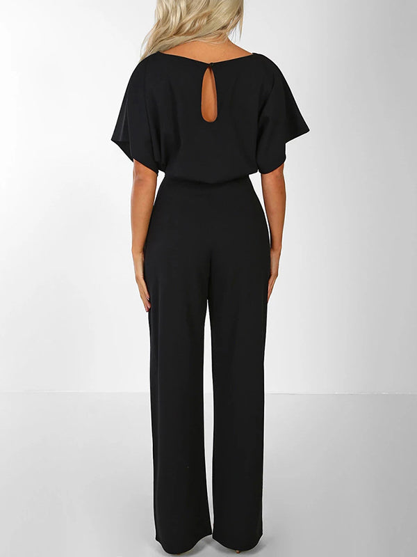 Women's Long Jumpsuit Short Sleeve Ruffled Belt