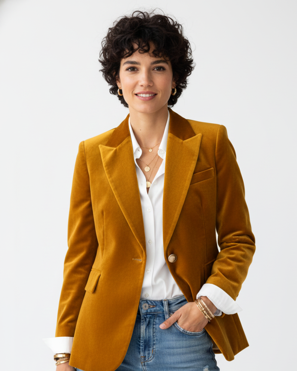 Blazer de terciopelo elegante para mujer con botones dorados