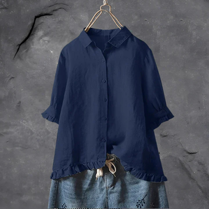 Women's Ruffle Hem Button-Front Blouse with Relaxed Short Sleeves