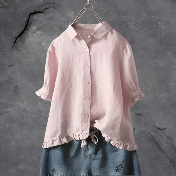 Women's Ruffle Hem Button-Front Blouse with Relaxed Short Sleeves