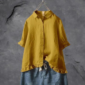 Women's Ruffle Hem Button-Front Blouse with Relaxed Short Sleeves