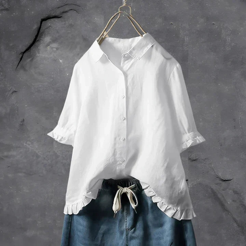 Women's Ruffle Hem Button-Front Blouse with Relaxed Short Sleeves