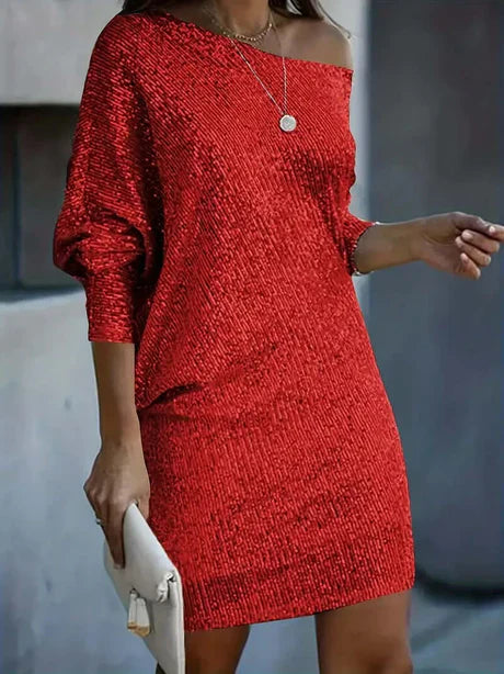 Vestido mini de fiesta con escote de hombros descubierto y brillo