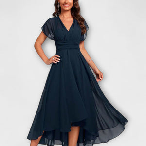 Women's Elegant Sheer Asymmetric Midi Dress with V-Neckline