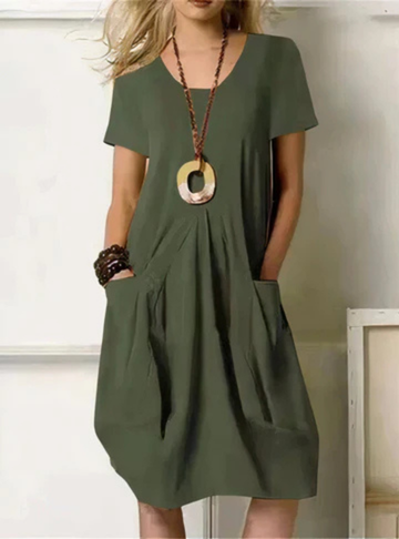 Women's Relaxed Midi Dress with Gathered Pocket Detail