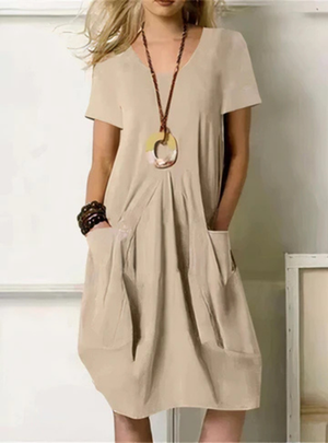 Women's Relaxed Midi Dress with Gathered Pocket Detail