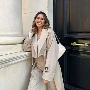 Women's Cropped Double-Breasted Trench Coat with Belted Cuffs