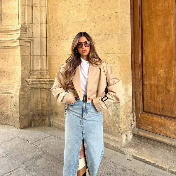 Women's Cropped Double-Breasted Trench Coat with Belted Cuffs