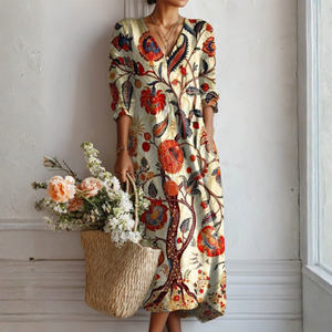 Women’s Floral Print V Neck Boho Midi Dress