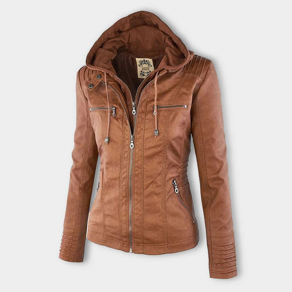 Women's Hooded Faux Leather Moto Jacket with Zip Front