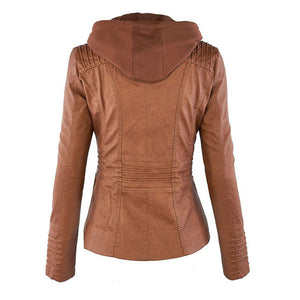 Women's Hooded Faux Leather Moto Jacket with Zip Front