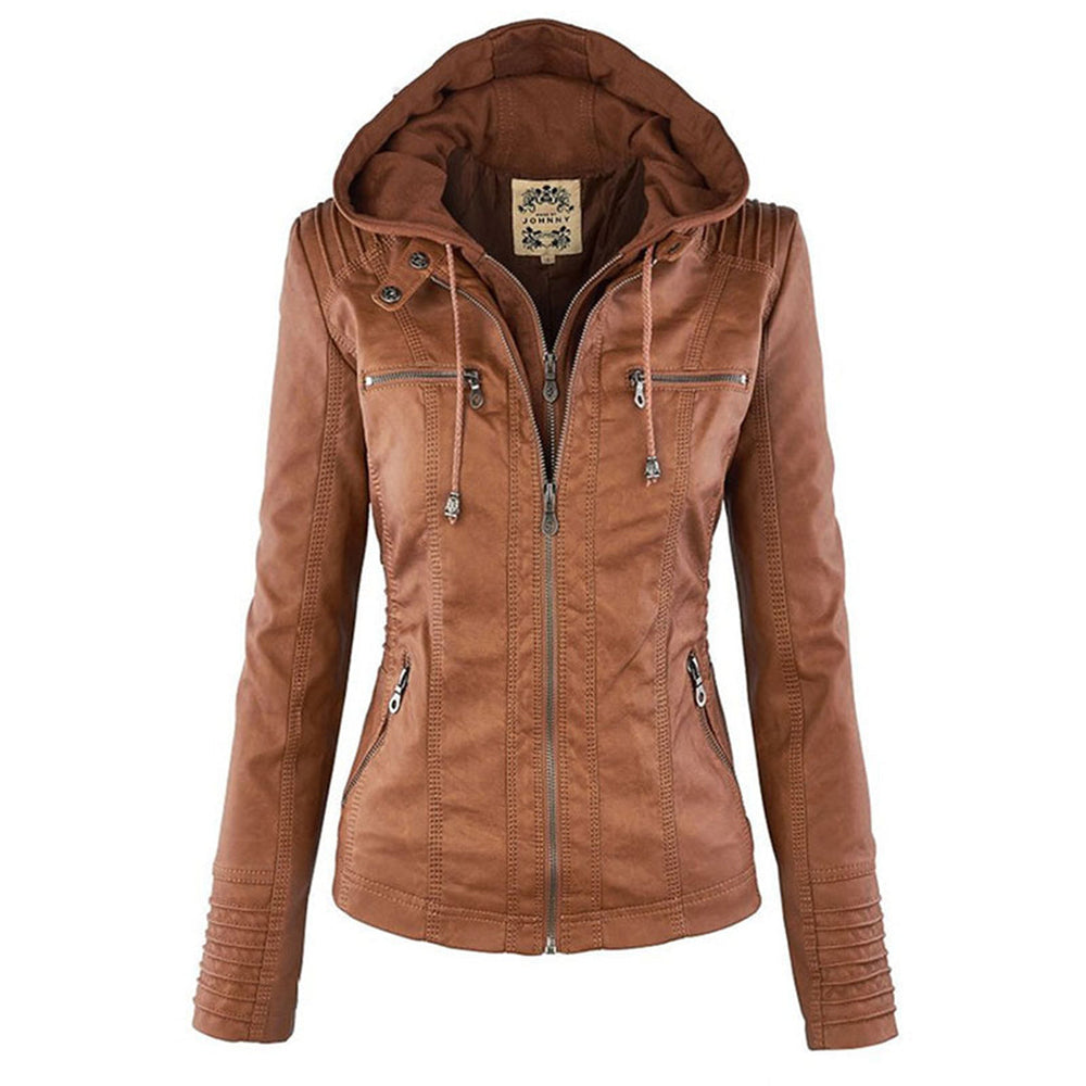 Women's Hooded Faux Leather Moto Jacket with Zip Front
