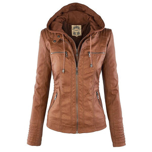 Women's Hooded Faux Leather Moto Jacket with Zip Front