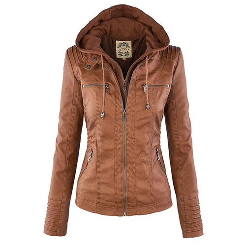 Women's Hooded Faux Leather Moto Jacket with Zip Front
