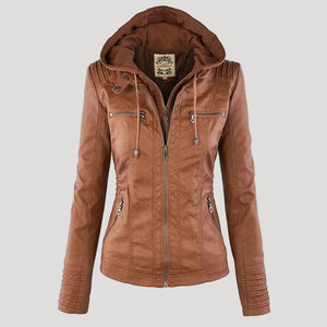 Women's Faux Leather Jacket with Hood