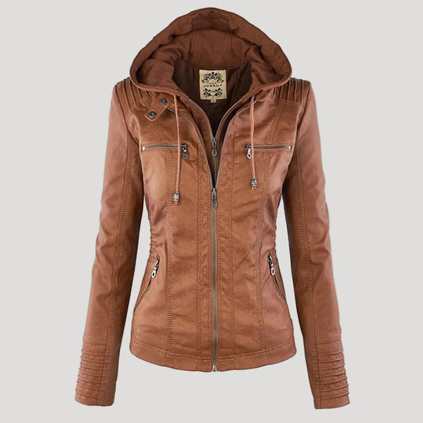 Women's Faux Leather Jacket with Hood
