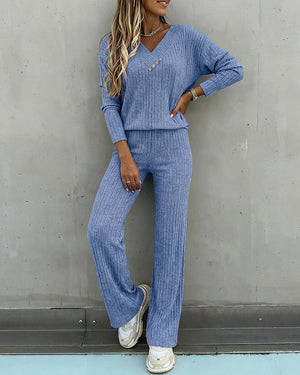 Women’s Ribbed Knit Lounge Set V-Neck Top & Pants