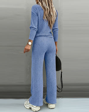 Women’s Ribbed Knit Lounge Set V-Neck Top & Pants