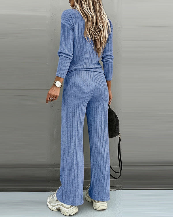 Women’s Ribbed Knit Lounge Set V-Neck Top & Pants
