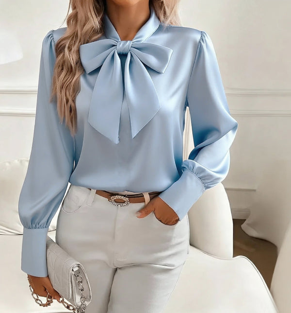 Blusa elegante con lazo y manga larga para mujer