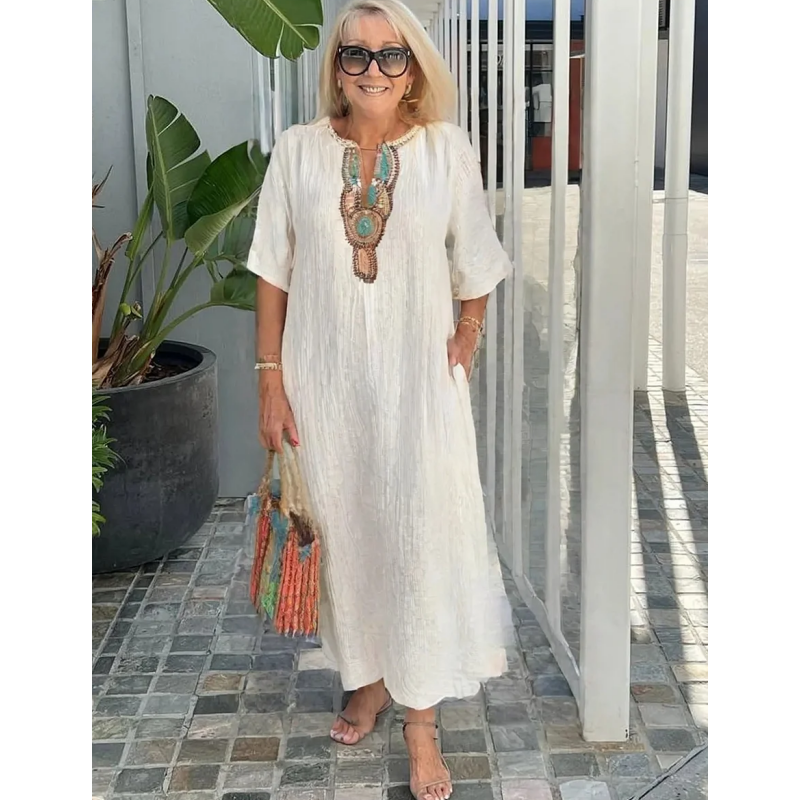 Women's Linen Maxi Dress Embroidered Summer