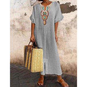 Women's Linen Maxi Dress Embroidered Summer