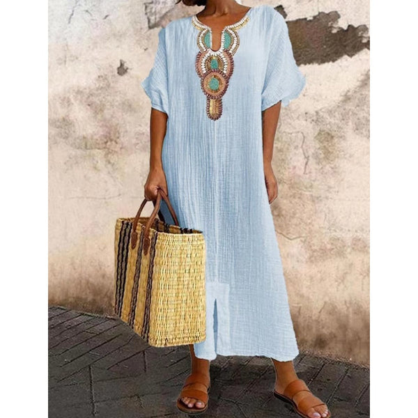 Women's Linen Maxi Dress Embroidered Summer