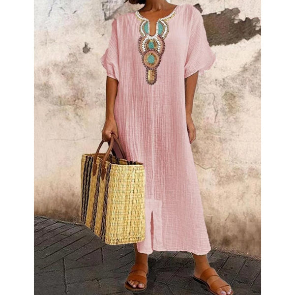 Women's Linen Maxi Dress Embroidered Summer