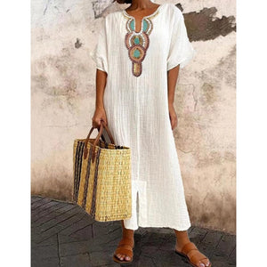 Women's Linen Maxi Dress Embroidered Summer
