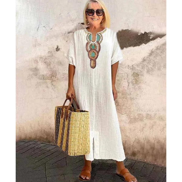 Women's Linen Maxi Dress Embroidered Summer
