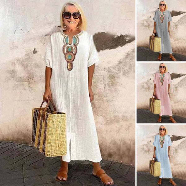 Women's Linen Maxi Dress Embroidered Summer