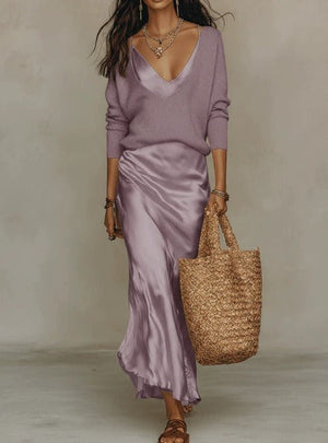 Women’s Satin Maxi Slip Dress and Knit Sweater Set