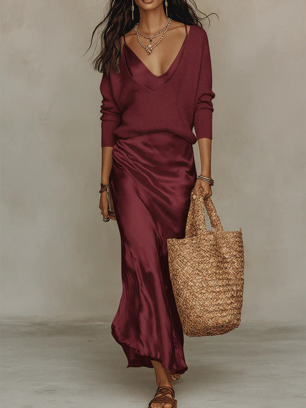 Women’s Satin Maxi Slip Dress and Knit Sweater Set
