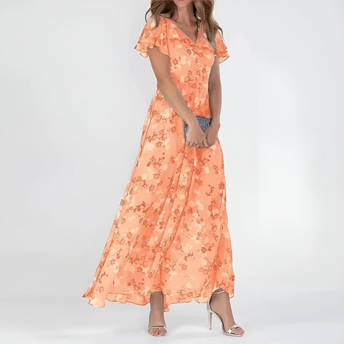 Vestido maxi romántico floral para mujer con mangas con vuelo