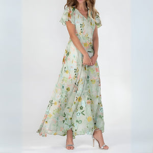 Vestido maxi romántico floral para mujer con mangas con vuelo