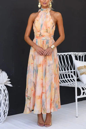 Elegant Halter Pleated Midi Dress