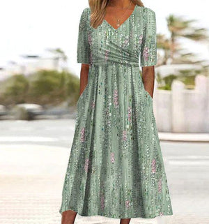 Vestido midi elegante de flores para mujer con escote en V