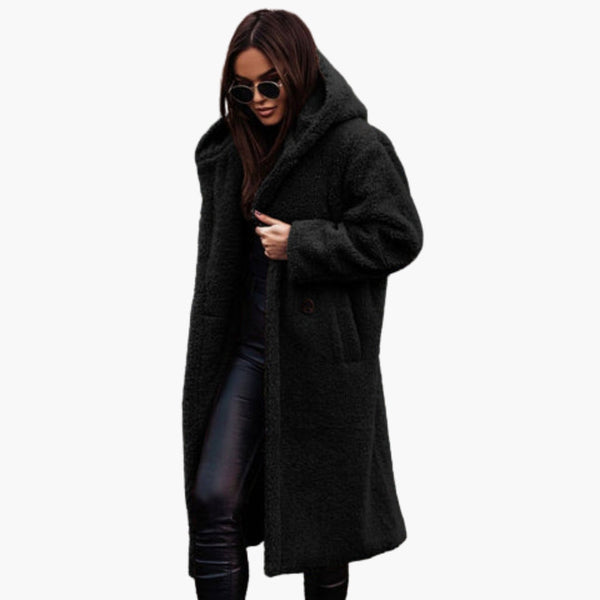 Women's Long Teddy Coat with Hood