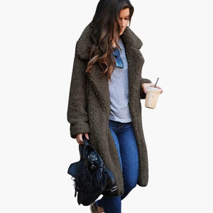 Women's Long Teddy Coat with Lapel Collar