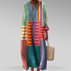 Vestido midi artístico para mujer con rayas en bloques de color y escote en V